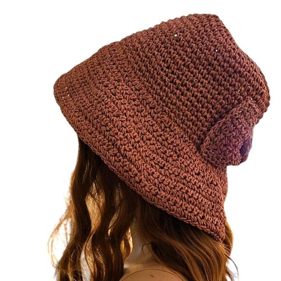 Straw Bucket Crochet Hat With Bow Soft Rose Open Weave - Picture 3 of 13